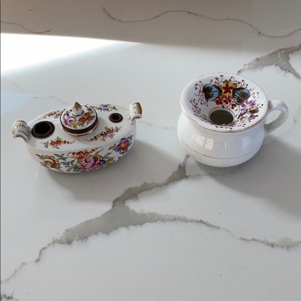 Antique French inkwell and teacup Limoges Ovington